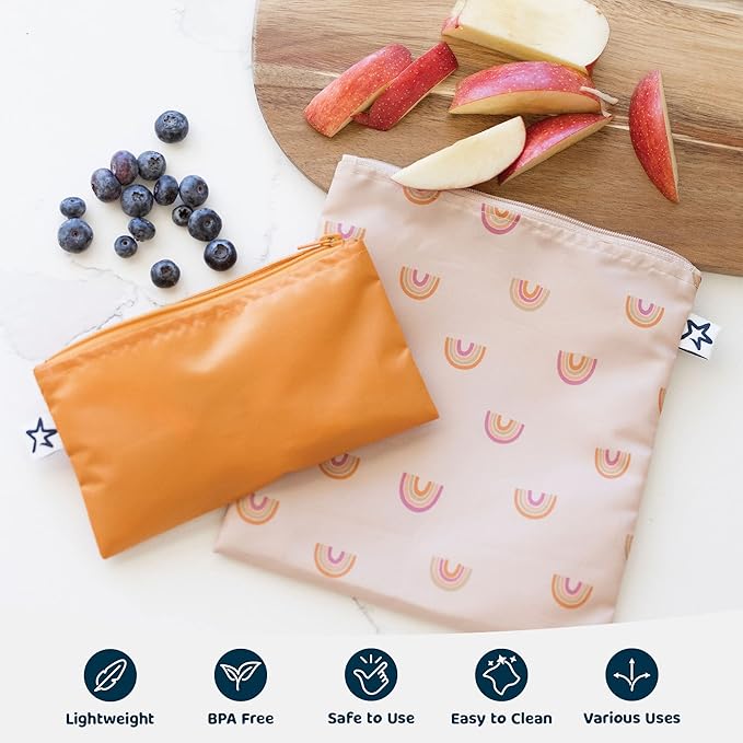 Tiny Twinkle 3 Pack Reusable Snack Bags - Machine Washable, PFAS, PVC, BPA, Phthalate-Free Reusable Baby and Toddler Food Safe Snack Bags (Boho Rainbow)