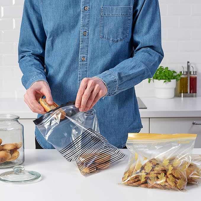 Ikea ISTAD Medium Reusable Food Bags with Double Seal, 1.2 & 2.5 Litres, Black Striped/Yellow Leaf - Set of 100 Bags