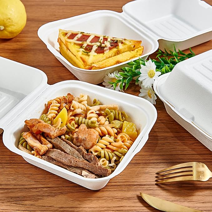 ECOLipak 200 Pack Clamshell Take Out Food Containers, 100% Compostable Disposable To Go Containers,6 * 6 inch To Go Boxes for Salad, Cake,Sandwiches