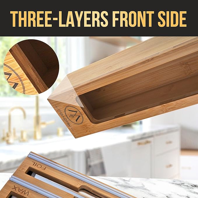 9 IN 1 Bamboo Foil and Plastic Wrap Organizer for Kitchen Drawer, Plastic Bag Organizer Organization and Storage, Food Storage Bag Organizer with Labels for Quart Gallon Snack Sandwich