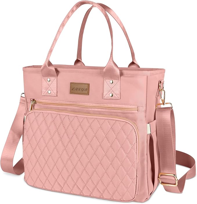 Large Women's Lunch Bags - Insulated, Durable Nylon Thermal Lunch Tote with Storage Pocket, 13"L x 6.3"W x 11.3"H, Pink