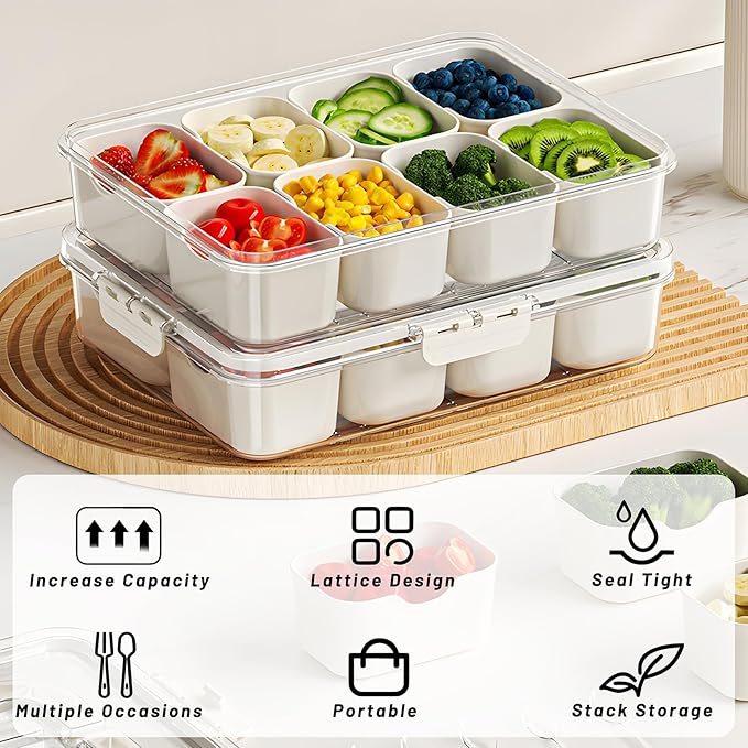 Snack Box Container with Insulated Cooler Bag, Divided Serving Tray with Lid and Handle Beach Essentials, Snackle Box Veggie Fruit Tray with 8 Compartments & 8 Forks & 2 Spoon