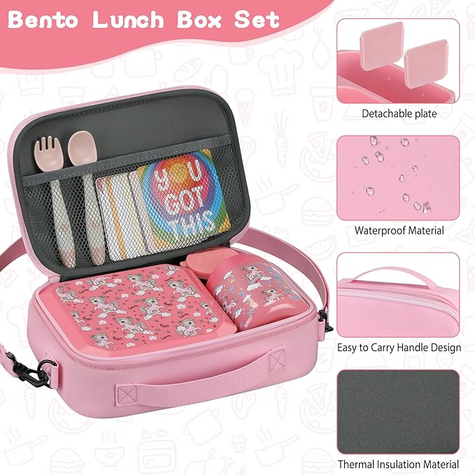 Bento Lunch Box for Kids with 12oz Soup Thermo Leak-Proof Lunch Food Container with 5 Compartment Thermo Hot Food Jar and Insulated Lunch Bag for Kid Toddler Girls Boys to School