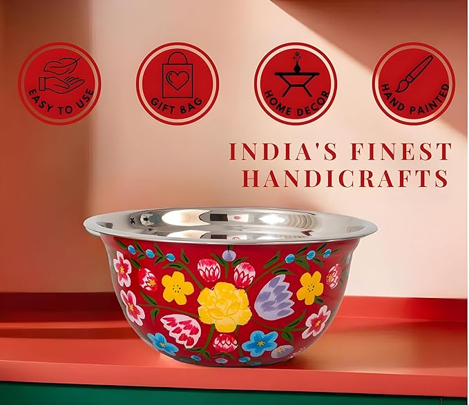 Large Hand Painted Stainless Steel Fruit Bowl - Decorative Floral for Salad Mixing and Serving - Traditional Kashmiri Art for Home Decor (Red)