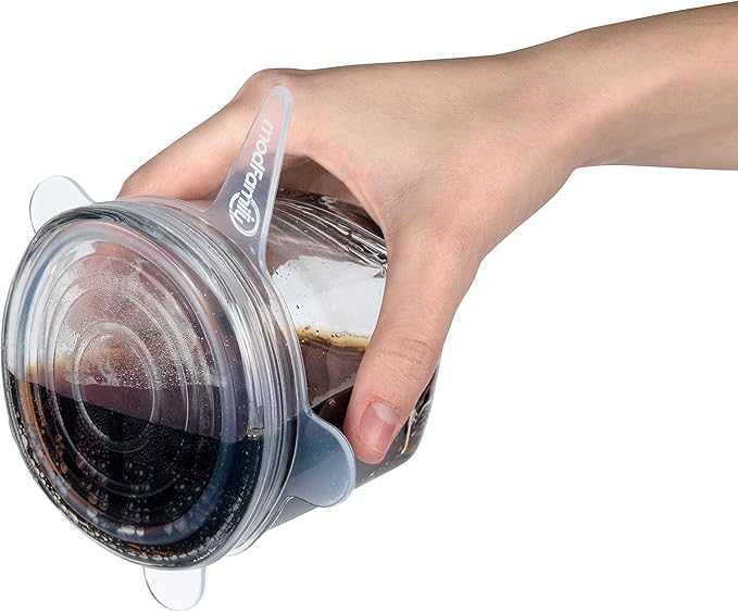 Modfamily Silicone Stretch Lids (7 pack, includes EXCLUSIVE XL SIZE), Reusable, Durable & Expandable to Fit Many Container Sizes & Shapes. Superior for Keeping Food Fresh, Dishwasher & Freezer Safe