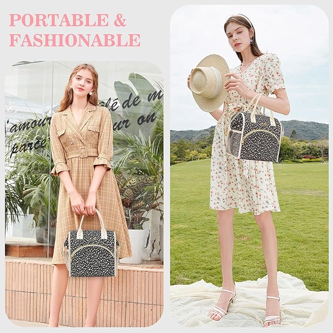 LOKASS Insulated Lunch Bag Women- Reusable 10 L Lunch Box for Women - Leakproof Tote Cooler Bag for Adults Work, Beach, Travel, Picnic (Black Small Florals)
