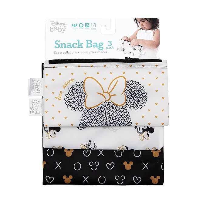 Bumkins Disney Reusable Sandwich and Snack Bags, for Kids School Lunch and for Adults Portion, Washable Fabric, Waterproof Cloth Zip Bag, Travel Pouch, Food-Safe, 3-pk Love, Minnie