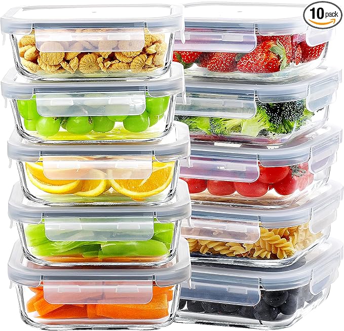 BAYZZ Glass Meal Prep Containers, 10 Packs 22 oz Glass Food Storage Containers,Airtight Lunch Containers with lids, Microwave,Freezer,Dishwasher Safe