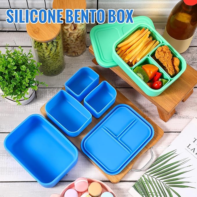Baderke 2 Pcs Silicone Bento Box for Kids Lunch Box with 3 Compartments Leak proof lunch Container for Children Toddlers for Microwave, Freezer and Dishwasher(Light Blue, Light Green)