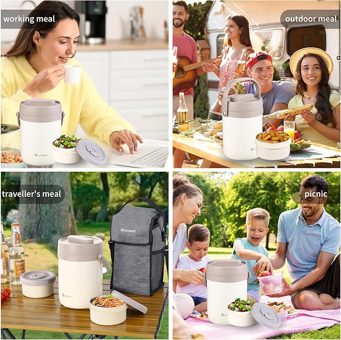 Adults Lunch Vacuum Soup Thermos For Hot Food with Inserts Stackable Bento Box Storage Container,Width Mouth Stainless Steel Portable Insulated Food Jar (white, 74 oz)