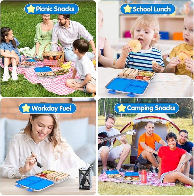 Stainless Steel Bento Box Adult Lunch Box 3 Compartment Metal Lunch Box for Kids Leak Proof Stainless Bento Boxes with Containers for School and Office
