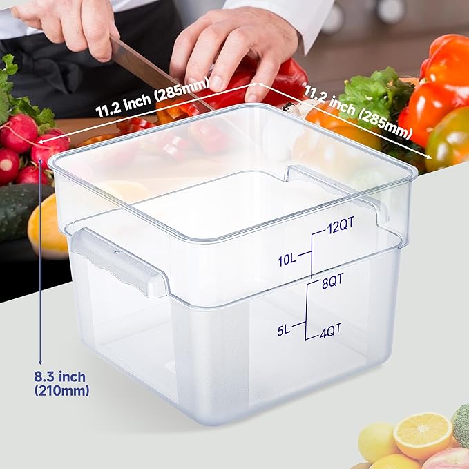 12Qt Food Storage Containers with Lids, Polycarbonate Square Commercial Food Containers, NSF, Clear, 4 Pack