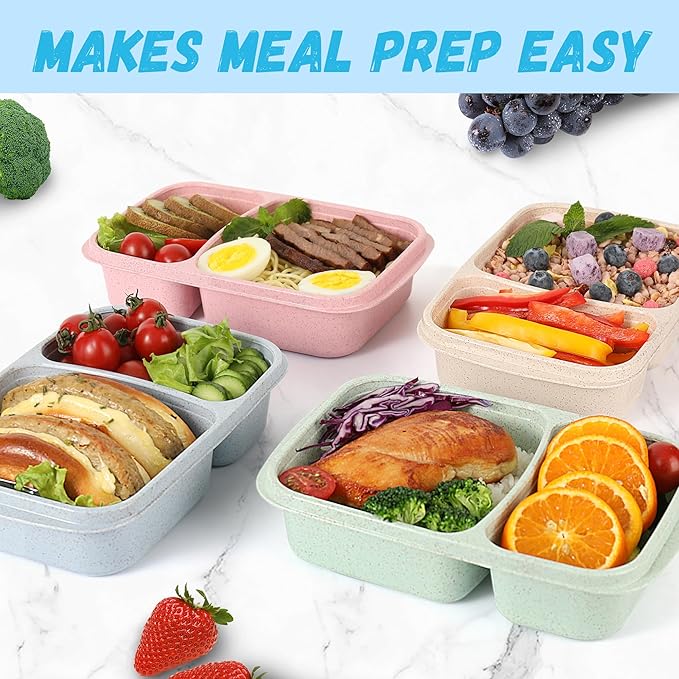 4 Pack Bento Lunch Box for Kids Adults, 2 Compartments Lunch Containers, Reusable Meal Prep Containers with Lids, Microwave & Dishwasher Safe, Divided Food Prep Containers for Travel, School & Work