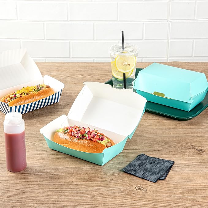 Restaurantware Bio Tek 6.7 x 3.5 x 3.5 Inch Clamshell Food Containers 100 Disposable Sandwich Containers - Hinged Lid Tab-Lock Closure Turquoise Paper Hot Dog Containers Durable Greaseproof