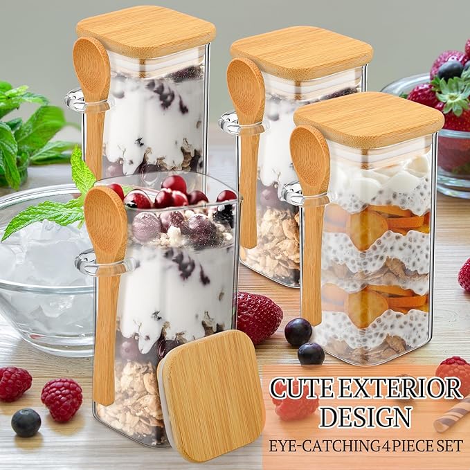 Pickmesh 4 Pcs Overnight Oats Containers with Lids Overnight Oats Jars Oatmeal Cups Square Glass Meal Prep Container with Bamboo Lids and Spoons Glass Jar for Pudding Yogurt (Square Style,16oz)