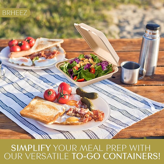 brheez Disposable Clamshell To-Go Containers – Bagasse Fiber Biodegradable Containers with Lids for Takeout, Parties, & Holidays – Pack of 50 Chemical-Free, 1-Compartment Boxes, 8"x8", Natural