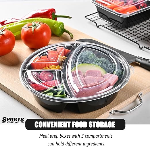 48 Pack Meal Prep Containers, 33 OZ Round Bento Box, 3 Compartment Divided Food Storage Durable Stackable Reusable, BPA Free, For Microwave, Dishwasher, Freezer(48 Trays & 48 Lids)