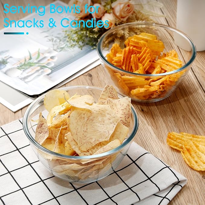 NUTRIUPS Glass Mixing Bowls Borosilicate 6.1in Glass Salad Bowl 35oz Clear Glass Bowls for Bread, Set of 2