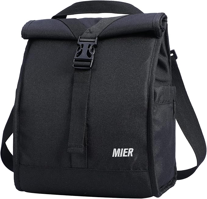 MIER Insulated Lunch Bag Roll Top Lunchbox for Women Men Adults Foldable Rolltop Lunch Tote with Shoulder Strap for Work Office Picnic, Water Bottle Holder, Black