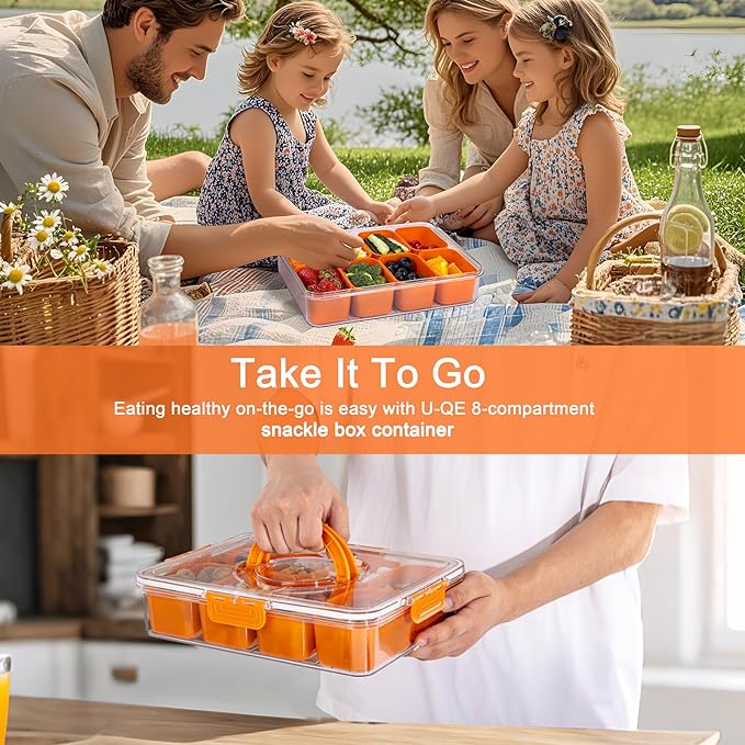 U-QE Dishwasher Safe Snackle Box Container with 8 Small Snacks Box - Premium Orange Plastic Divided Serving Tray with Lid and Handle for Snack, Veggie, Fruits, Perfect for Party, Picnic,Entertaining