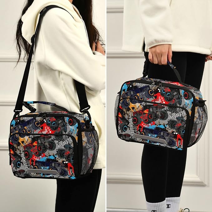 Pfrewn Monster Truck Car Grunge Lunch Box for Kids Adults Insulated Lunch Bag with Shoulder Strap Reusable Cooler Bags Lunch Tote for Office School Girls Boys Teens