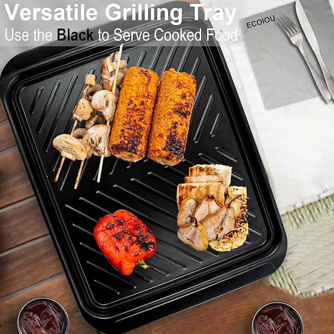 Large Grilling Prep and Serve Trays, 17.3" x 13" BBQ Platters for Raw and Cooked Food, Melamine Serving Trays for Food, Set of 2, Black and Red, Cleaning Pack Included