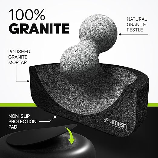 Umien™ Granite Mortar and Pestle Set - 100% Granite - 3.5-Cups - 8-Inch – Avocado Tool Included – Natural Stone Molcajete for Spices, Pestos, & Guacamole (Black) - Stone Grinder - Guacamole