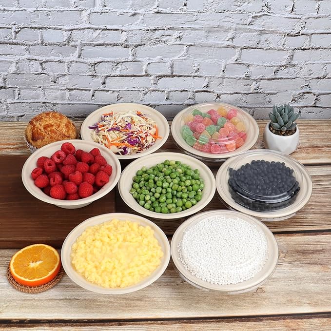 12 oz Round Disposable salad bowls with lids, Sugarcane Fiber Paper Bowls Plant Fibers Freezer Safe 50 Pack