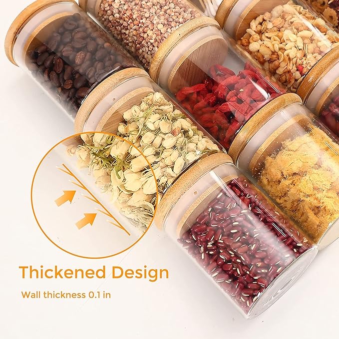 18 pcs Glass jars Set, 12 set - 6oz Spice Jars Set with Bamboo Lids, 6 pcs Small Condiments Wooden Spoons, Airtight Glass Food Cereal Storage Containers for Kitchen (Set of 18, 6oz)