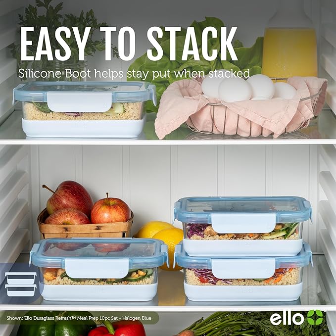Ello Duraglass 3.4 Cup Meal Prep Sets 10Pc, 5 Pack Set- Glass Food Storage Container with Silicone Boot and Airtight BPA-Free Plastic Lids, Dishwasher, Microwave, and Freezer Safe, Garden Goals
