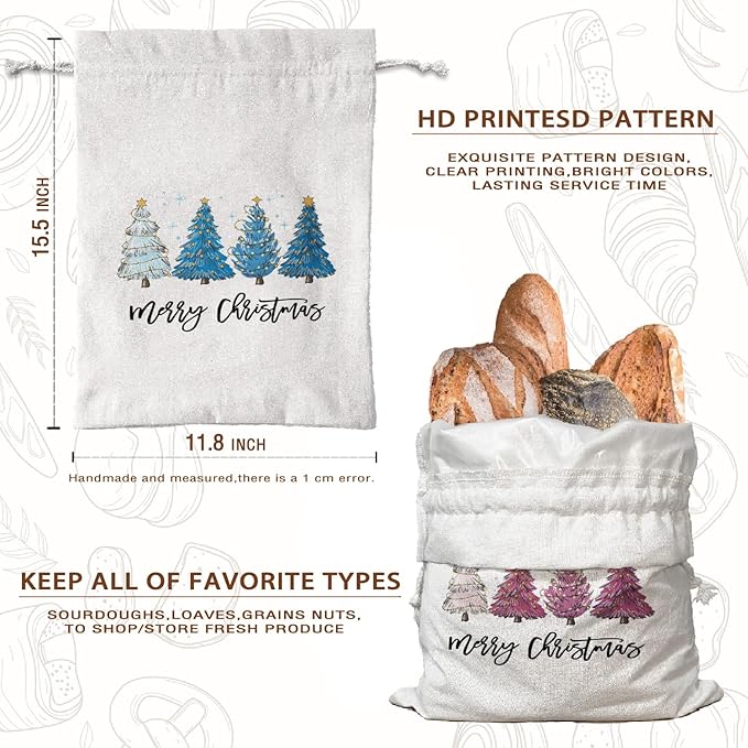 Pink Christmas Bread Bags for Homemade Bread 2Pcs,Pink Christmas Tree Decorations for Kitchen Sourdough Bread Baking Supplies Storage,Kitchen Reusable Linen Bread Boxes Pink Christmas Gifts for Women 15.5*11.8