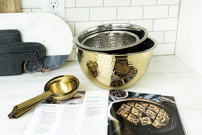 Creative Co-Op Hammered Stainless Steel Bowls in Gold Finish (Set of 3 Sizes)