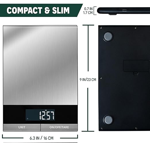 Digital Food Scale for Kitchen, Baking, Cooking, and Meal Prep, 10 Unit Measurements, 22 lb Weight Capacity, Stainless Steel Top, Dual Power Option, 15 Features