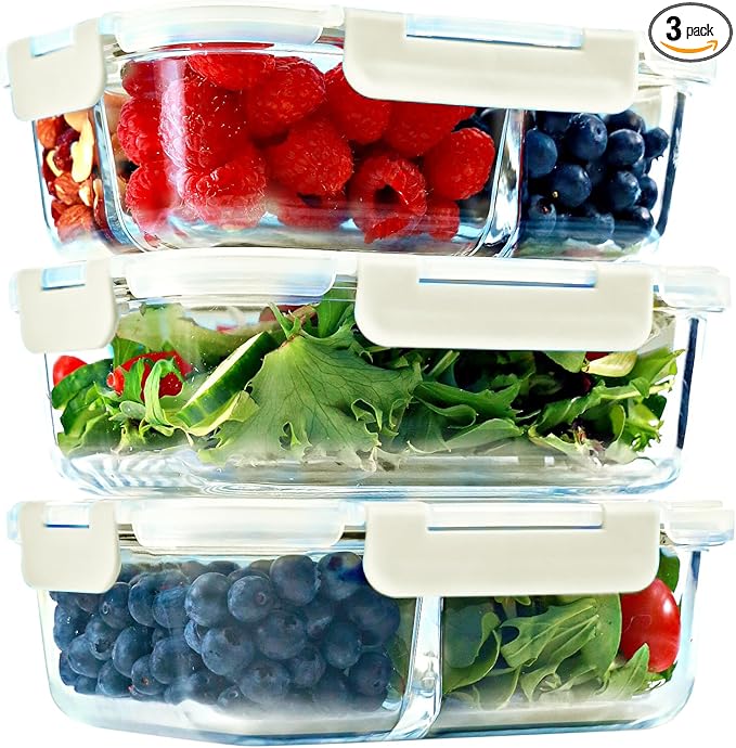 FIT Strong & Healthy Glass Meal Prep Containers, 1 & 2 & 3 Compartments – Adult Bento Box, Beige Food Storage Containers with Lids, Leak-Proof, Oven & Freezer Safe, 35 oz, 3 Pack Lunch Box