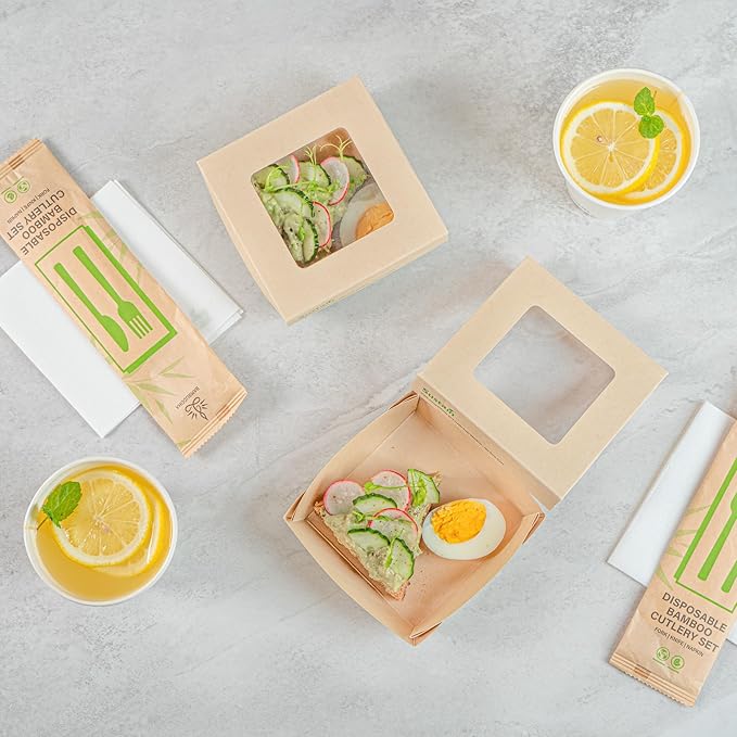 Restaurantware-13 Ounce Sturdy Paper Take Out Boxes, 200 Disposable Take Out Food Containers - With PLA lining, Paper Lid With Clear PLA Window, Bamboo Paper Containers, Compostable, Greaseproof