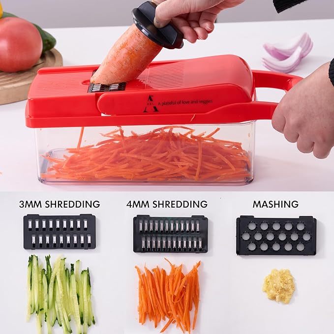 New 26 in 1 Ultimate Vegetable Chopper – Multi-Function Vegetable Slicer for Slice, Dice, Chop, Grate and Spiralize - Hand Kitchen Slicer for Food and Salad - Kitchen Essential (Red)