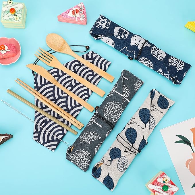 4 Sets Bamboo Utensil Travel Cutlery Set, Reusable Bamboo Utensil Fork Knife Spoon Chopsticks Straw Cleaning Brush for Eating Travel Picnic Office School (Vintage Style)