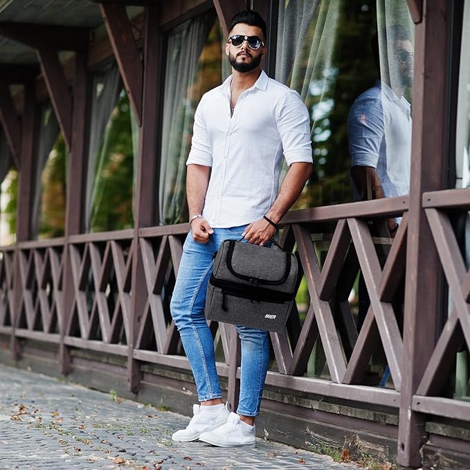 MIER Adult Lunch Box Insulated Lunch Bag Large Cooler Tote Bag for Men, Women, Double Deck Cooler (Grey, Large)