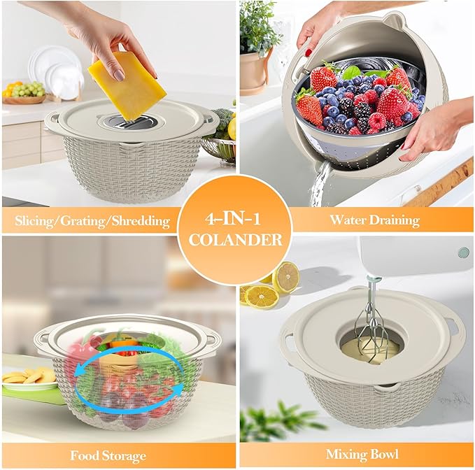 4-1 Colander with Bowl Set, Food Strainers and Colanders, Rice Strainer, Fruit Washing Bowl with Strainer, Rotatable colander for kitchen, Aesthetic Kitchen Gadget - Beige