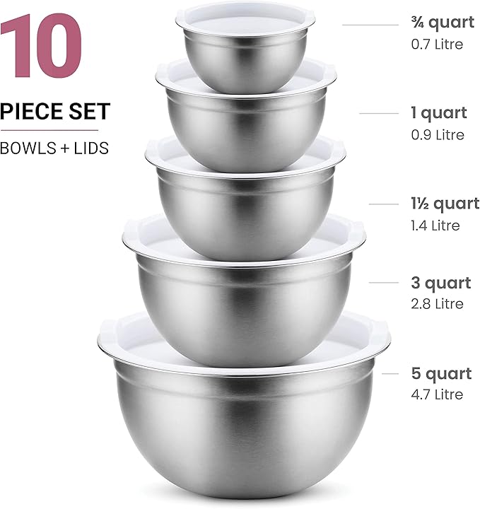 FineDine Stainless Steel Mixing Bowls Set with Lids, Home Kitchen Cooking Essentials Household Must Haves for Baking, 5 Pieces
