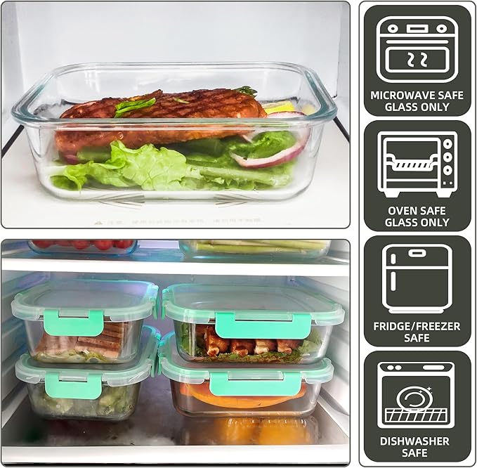 10 Pack Glass Food Storage Containers with Airtight Lids, Ideal for Meal Prep, Lunches - Microwave and Dishwasher Safe, Mint Green