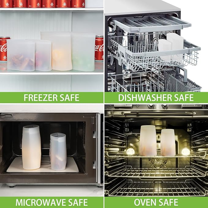 Reusable Sandwich & Snack Bags, 8 Pack 100% Silicone Stand Up Zip Lock Food Storage Bags for Food Container, Freezer Microwave Oven Dishwasher Safe, 4 Medium 4 Small, Translucent