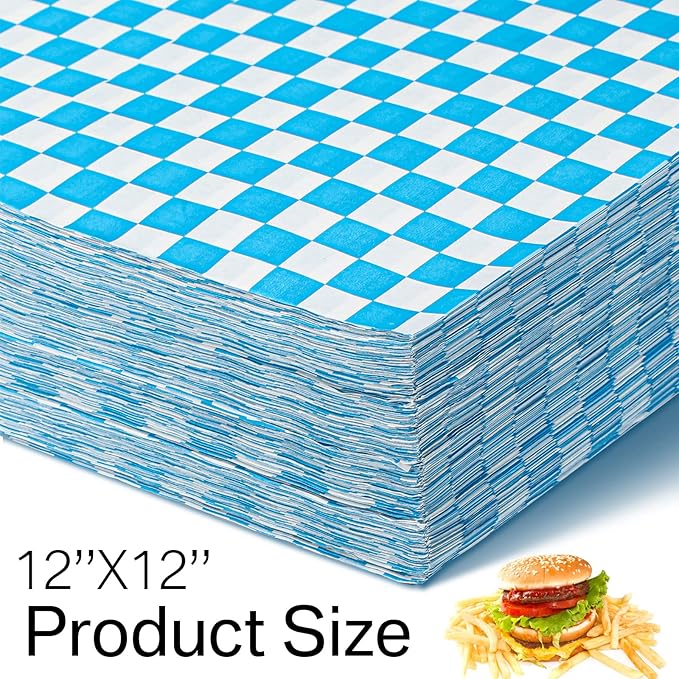 1000 Sheets Wax Deli Paper Sheets for Food 12 x 12 Inch Checkered Dry Waxed Deli Basket Liners for Sandwich Wrapping, Food Basket Liners, Picnic party(Blue-white)