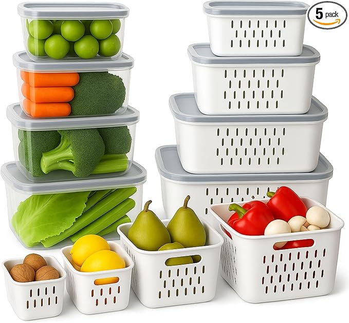 8 PCS Fruit Storage Containers for Fridge with Colanders Dishwasher Safe, Leakproof Fruit and Vegetable Storage BPA-Free Plastic, Produce Storage Keep Berry Fruit Veggie Meat Fresh
