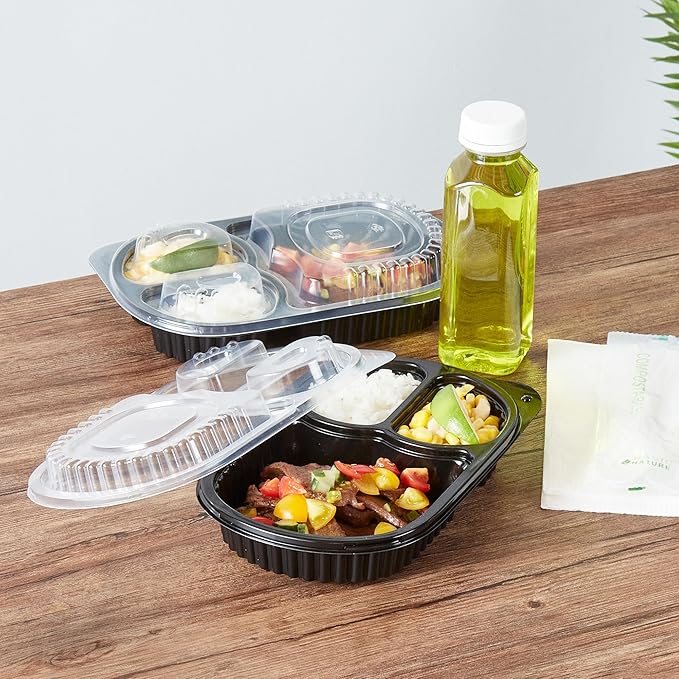 Restaurantware RW Base 19 Ounce Meal Prep Containers, 100 Microwavable To Go Containers With Lids - 3 Compartments, Disposable, Black Plastic Oval Food Containers, For Hot And Cold Food, Freezable