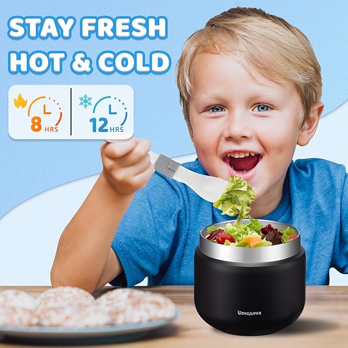 Soup Thermo for Kids with Folding Spoon - 9 oz Insulated Food Jar Container for Boy Lunch Box, Stainless Steel Leak-Proof Thermo Bowls for Hot Food, Keep Cold 12h/Hot 8h - Blue Dinosaur