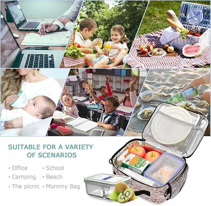 MNSRUU Student Lunch Bag Elegant Rose Gold Leopard Insulated Lunch Totes Picnic Bag Lunch Box with Adjustable Shoulder Strap for Teen Kids Adults