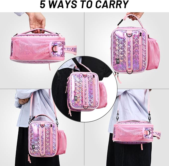 MIER Expandable Lunch Bag Insulated Lunch Box for Teen Girls Women to School Work Travel Portable Lunchbox Bags with Shoulder Strap and Water Bottle Holder(Pink)