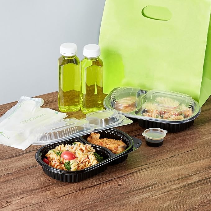 Restaurantware RW Base 20 Ounce Meal Prep Containers, 100 Microwavable To Go Containers With Lids - Disposable, Freezable, Black Plastic Oval Food Containers, Pack Hot And Cold Food, For Takeaway