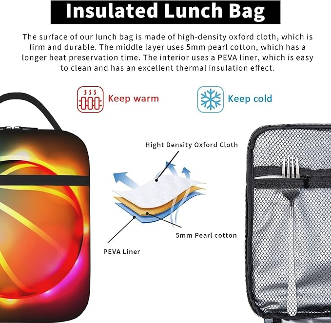 SARA NELL Cool Colorful Growing Fireball Lunch Box Basketball Lunch Bag Insulated Reusable Portable Lunch Tote Cooler Bag for Women Men Teens Kids, Office Work School Travel Lunchbox